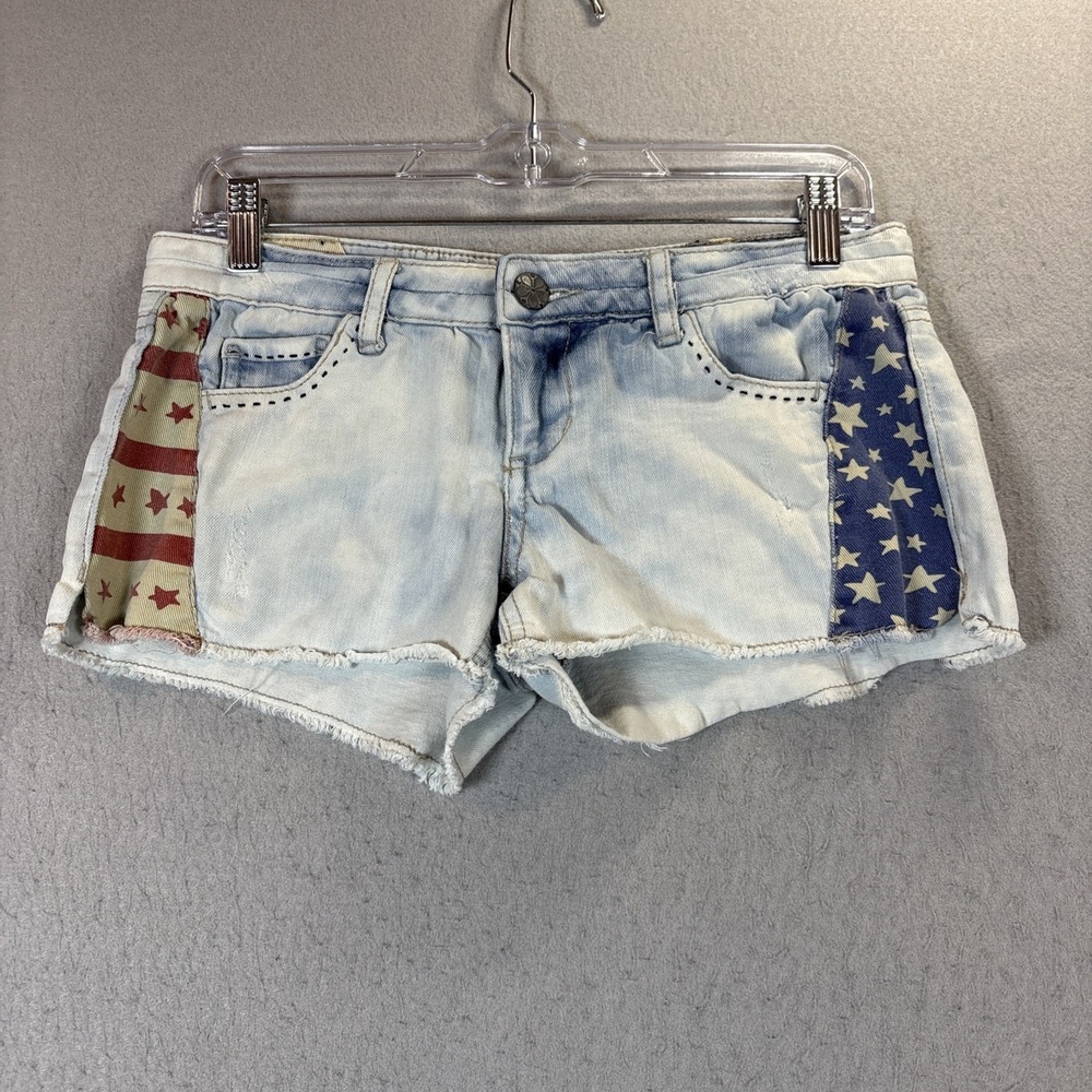 Hippie Laundry Cut-Off Jean Shorts Womens Size 7 Flag Distressed Shortie MIdi